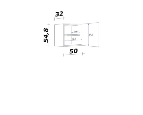 Technische tekening van een hangkast met afmetingen