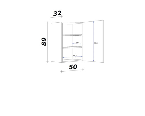 Technische tekening van een hangkast met afmetingen
