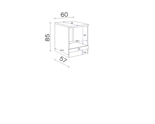 Technische tekening van een kast met afmetingen