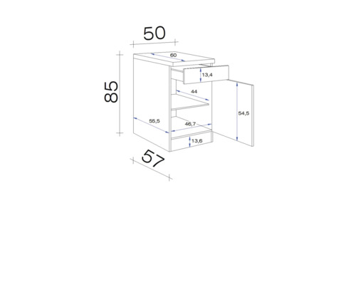 Technische tekening van een onderkast met lade, deur en afmetingen
