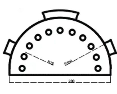 Technische tekening van een houtskoolmand met afmetingen
