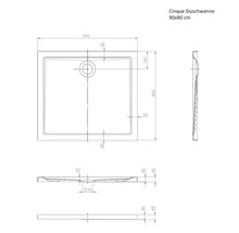 Technische tekening van een Cinque douchebak, 90 bij 80 centimeter