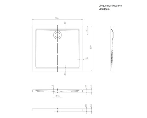 Technische tekening van een Cinque douchebak, 90 bij 80 centimeter