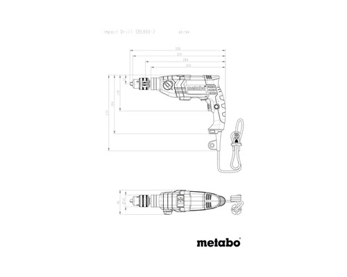 Technische tekening van een Metabo SBE800-2 klopboormachine met afmetingen