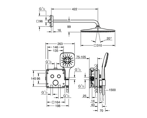 Maattekening van een douchesysteem met hoofddouche, handdouche en thermostatische kraan met maatvoering