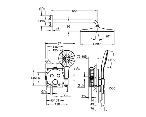 Technische tekening van een douchesysteem met afmetingen