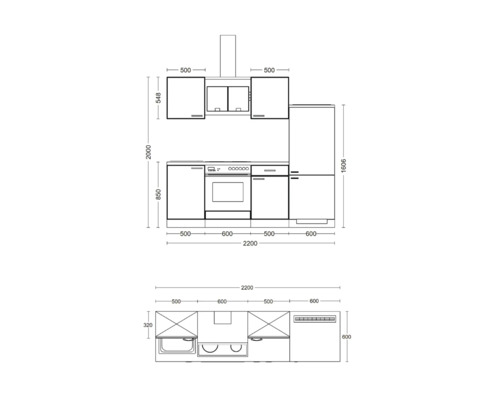 Maattekening van een keuken met onderkasten, bovenkasten en elektrische apparaten met maatvoering