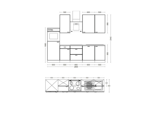 Schets van een keukenblok met afmetingen