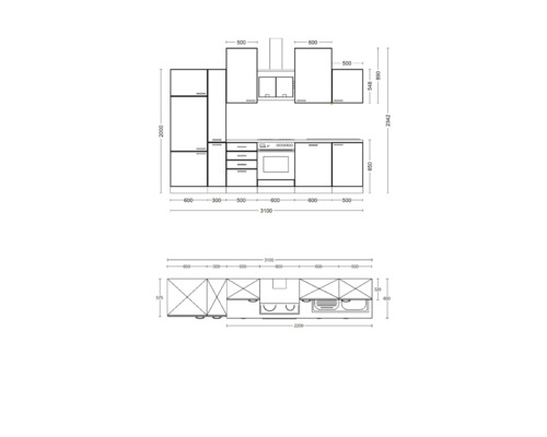 Technische tekening van een keukenblok met afmetingen.