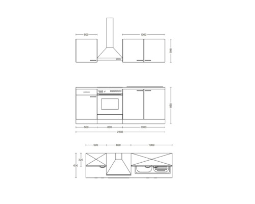 Technische tekening van een keukenblok met afmetingen.