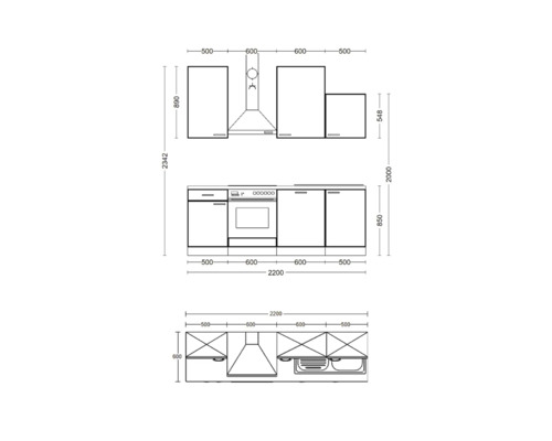 Keukenontwerp met afmetingen voor onderkasten, bovenkasten en afzuigkap