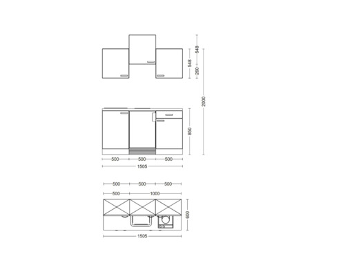 Technische tekening van een keukenblok met afmetingen