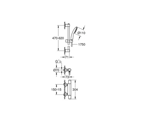 Technische tekening van een doucheset met maatvoering