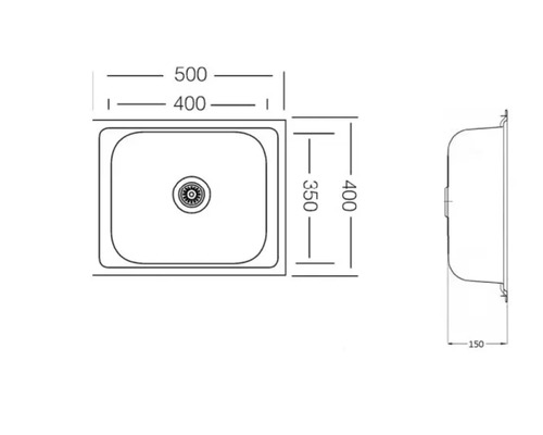 Technische tekening van een spoelbak met maatvoering