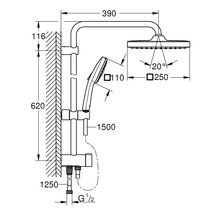 Technische tekening van een douche systeem met afmetingen