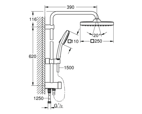 Technische tekening van een douche systeem met afmetingen