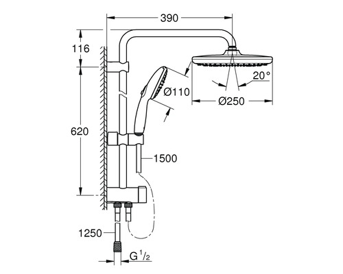 Technische tekening van een doucheset met afmetingen