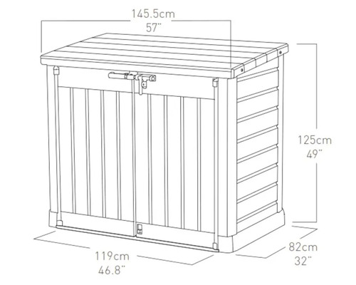 Omtreklijntekening van een tuinkist met afmetingen