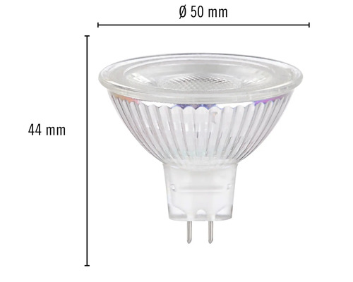 MR16 lamp met een diameter van 50 mm en een hoogte van 44 mm.