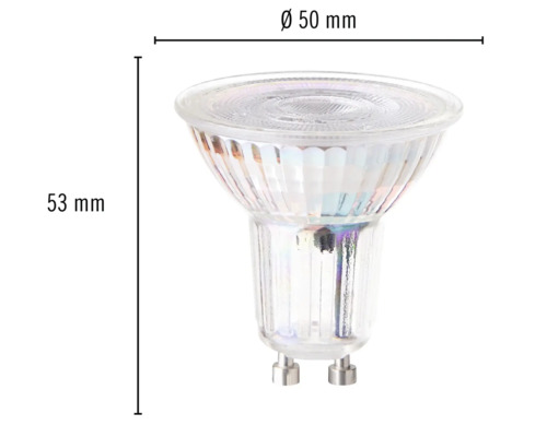 GU10 lamp met afmetingen 50 millimeter diameter en 53 millimeter lengte