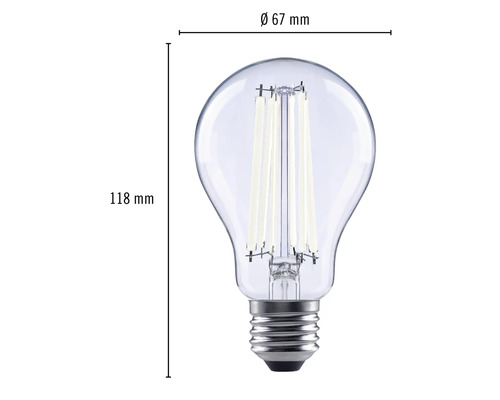 Afbeelding van een heldere ledlamp met E27 fitting en de afmetingen 118 mm hoogte en 67 mm diameter.