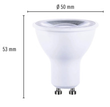 GU10 ledlamp met afmetingen van 50 millimeter diameter en 53 millimeter lengte