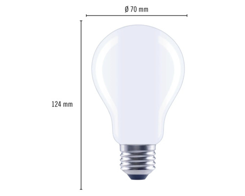 Afbeelding van een gloeilamp met de afmetingen 70 millimeter diameter en 124 millimeter hoogte.