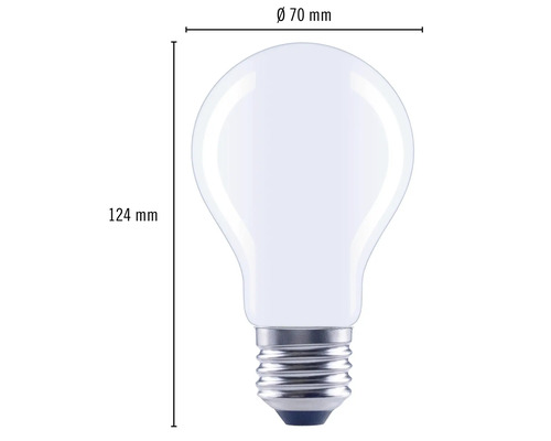 Afbeelding van een gloeilamp met de afmetingen 70 millimeter diameter en 124 millimeter lengte