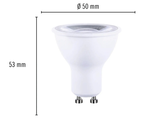 GU10 LED lamp met afmetingen van 50 millimeter diameter en 53 millimeter hoogte