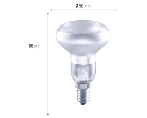 Reflectorlamp met afmetingen 86 mm hoogte en 50 mm diameter.