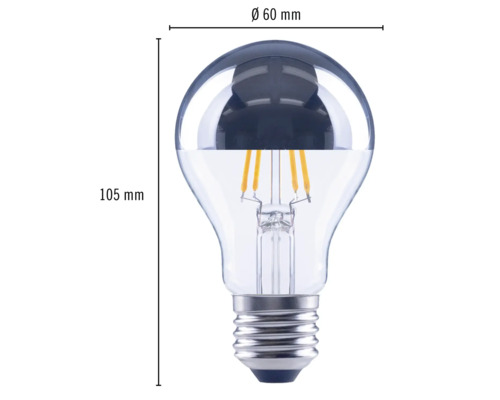 Afbeelding van een LED lamp, bolvorm, met afmetingen van 60 millimeter doorsnede en 105 millimeter hoogte