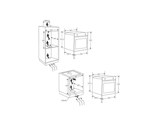 Technische tekening van een inbouwoven met afmetingen