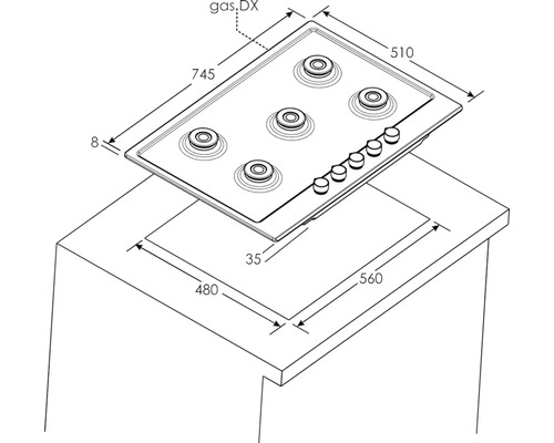 Technische tekening van een gaskookplaat met vijf branders en afmetingen.