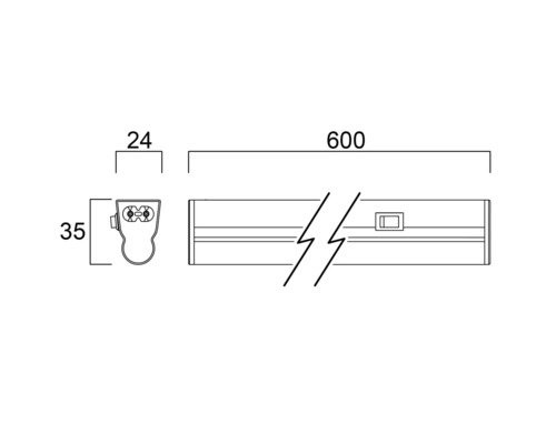 Technische tekening van een LED-onderbouwlamp met maatvoering