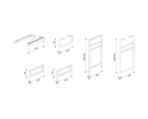 Technische tekening van verschillende handdoekrekken met afmetingen
