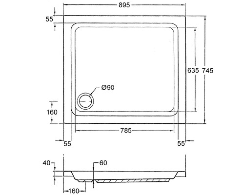 Technische tekening van een douchebak met maatvoering