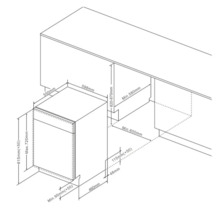 Technische tekening van een vaatwasser met maatvoering voor installatie