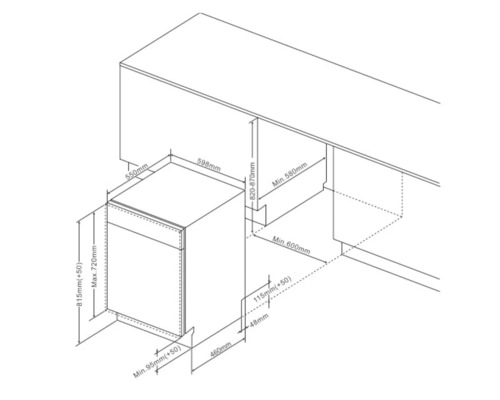 Technische tekening van een vaatwasser met maatvoering voor installatie