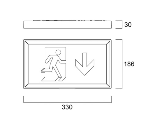 Technische tekening van een nooduitgangbord met afmetingen.