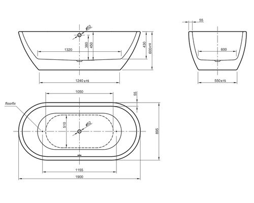 Technische tekening van een badkuip met afmetingen