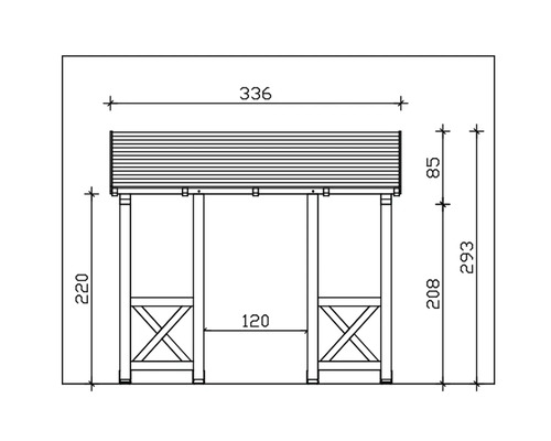 Technische tekening van een tuinpaviljoen met breedte-, hoogte- en diepteafmetingen