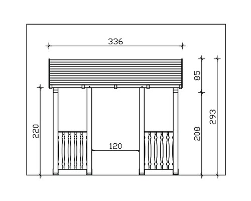 Technische tekening van een tuinpaviljoen met afmetingen