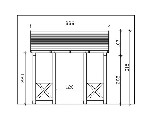 Technische tekening van een paviljoen met breedte-, hoogte- en diepteafmetingen