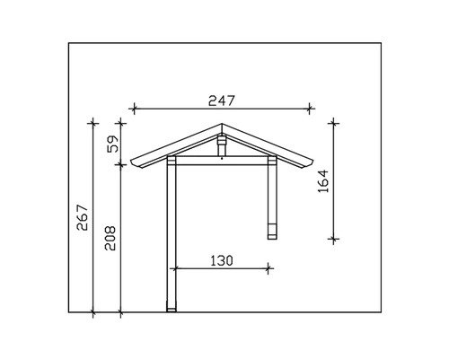 Technische tekening van een houten schuilplaats met afmetingen