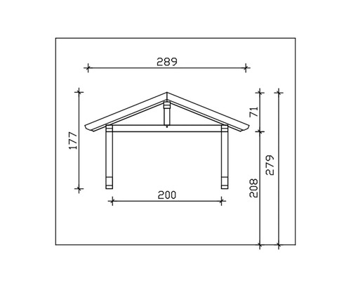 Technische tekening van een schuilplaats met afmetingen