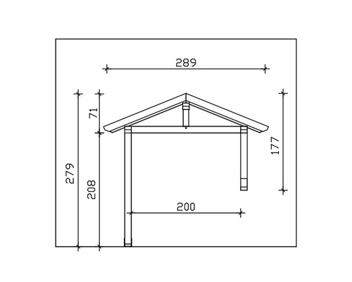 Technische tekening van een paviljoen met afmetingen