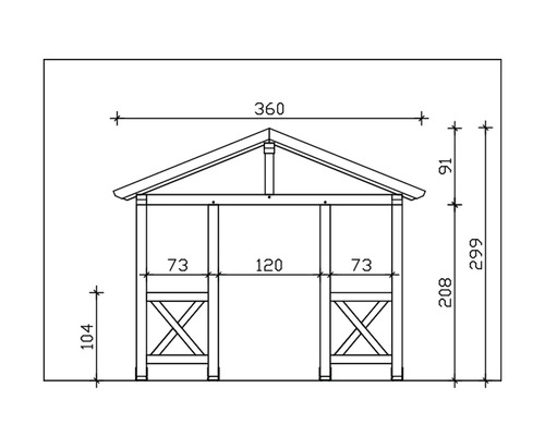 Technische tekening van een paviljoen met afmetingen