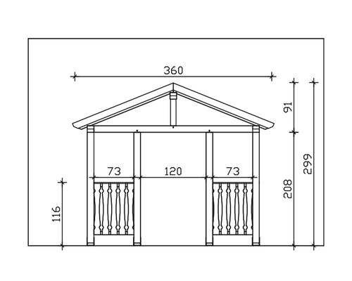 Technische tekening van een tuinpaviljoen met afmetingen