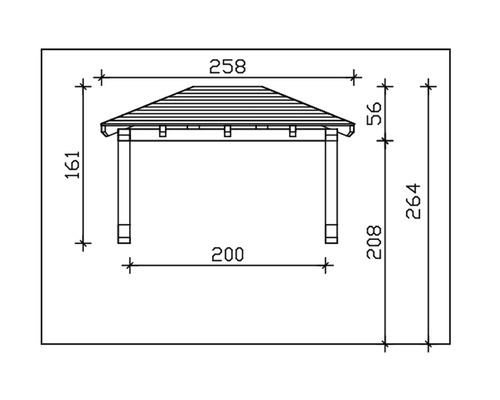 Technische tekening van een tuinpaviljoen met afmetingen