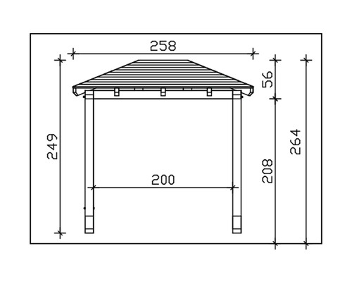 Technische tekening van een paviljoen met afmetingen